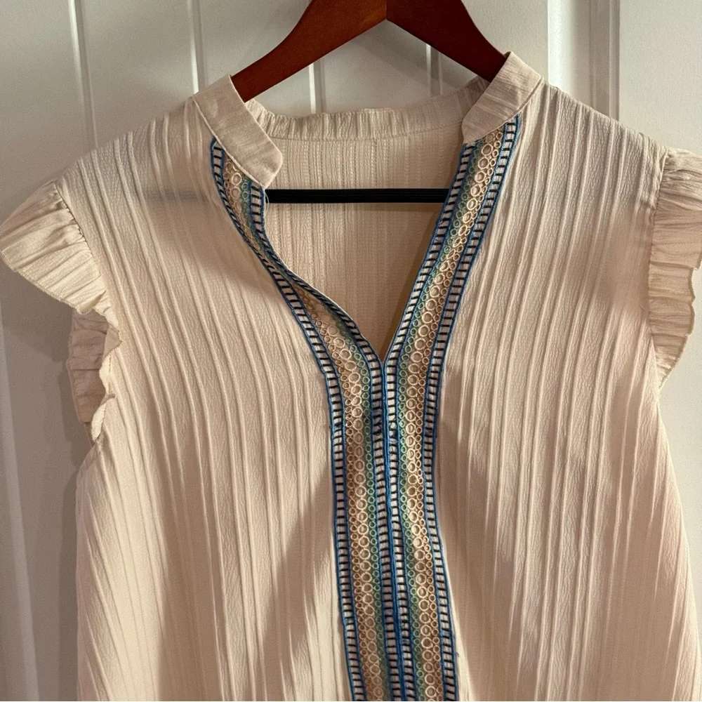 Women’s Boho Embroidered Flutter Sleeve Blouse Cream Blue Size L (est) - Picture 2 of 5